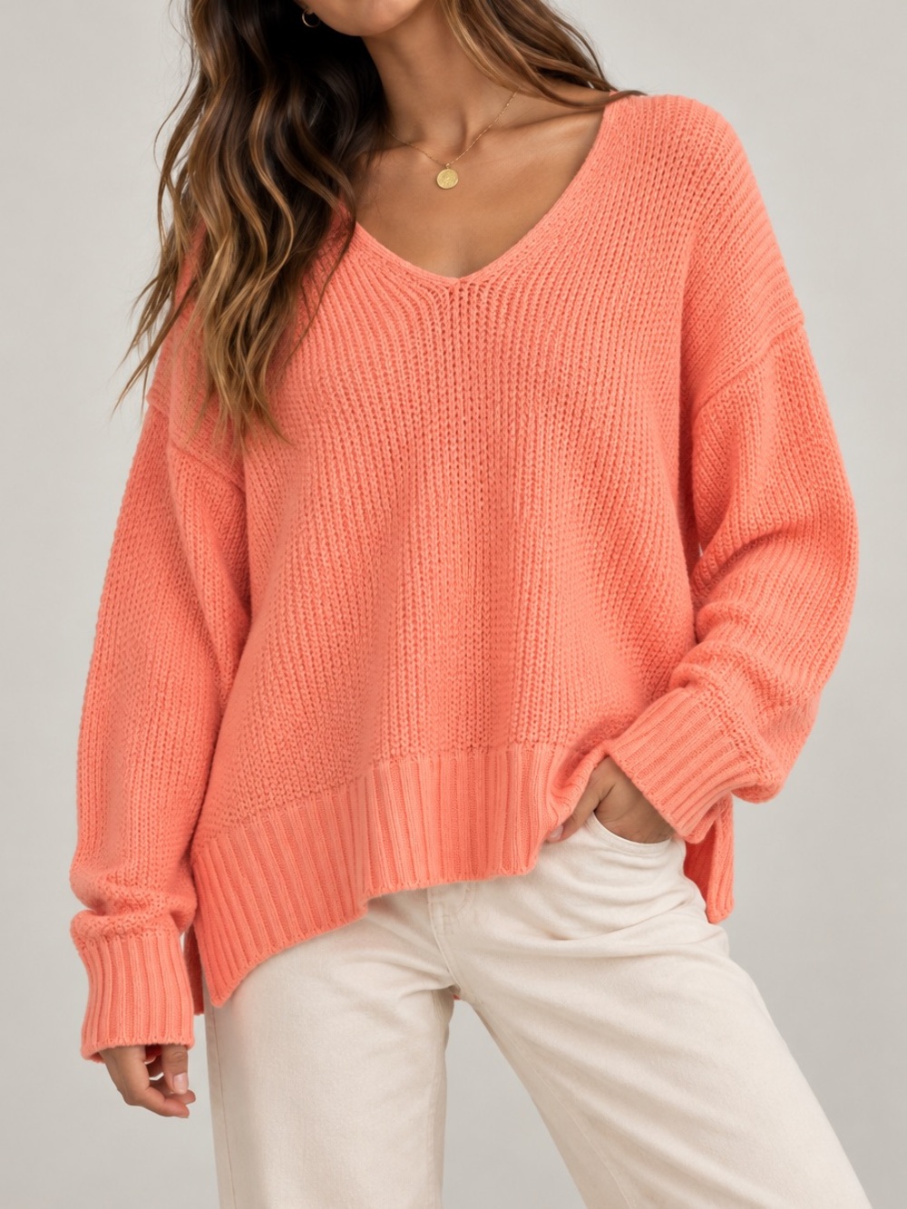 🧺LUCKY BRAND Cozy Knit V Neck Sweater - Salmon Colorway - Medium